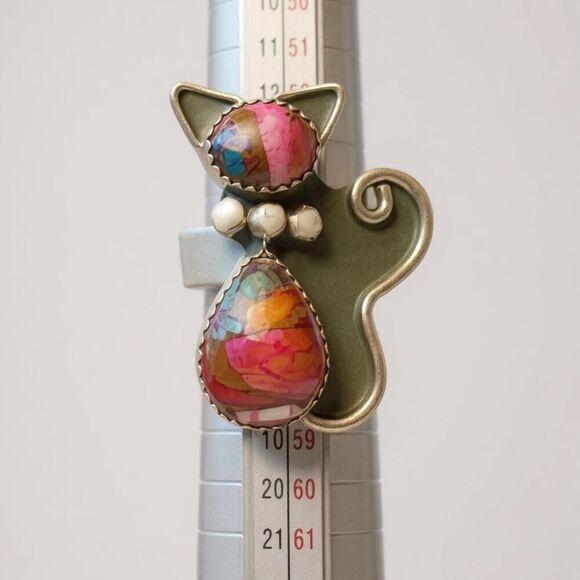 Spiny Pink Dahlia Turquoise Cat Adjustable Ring Artisan Handmade Sterling Silver - Picture 4 of 6